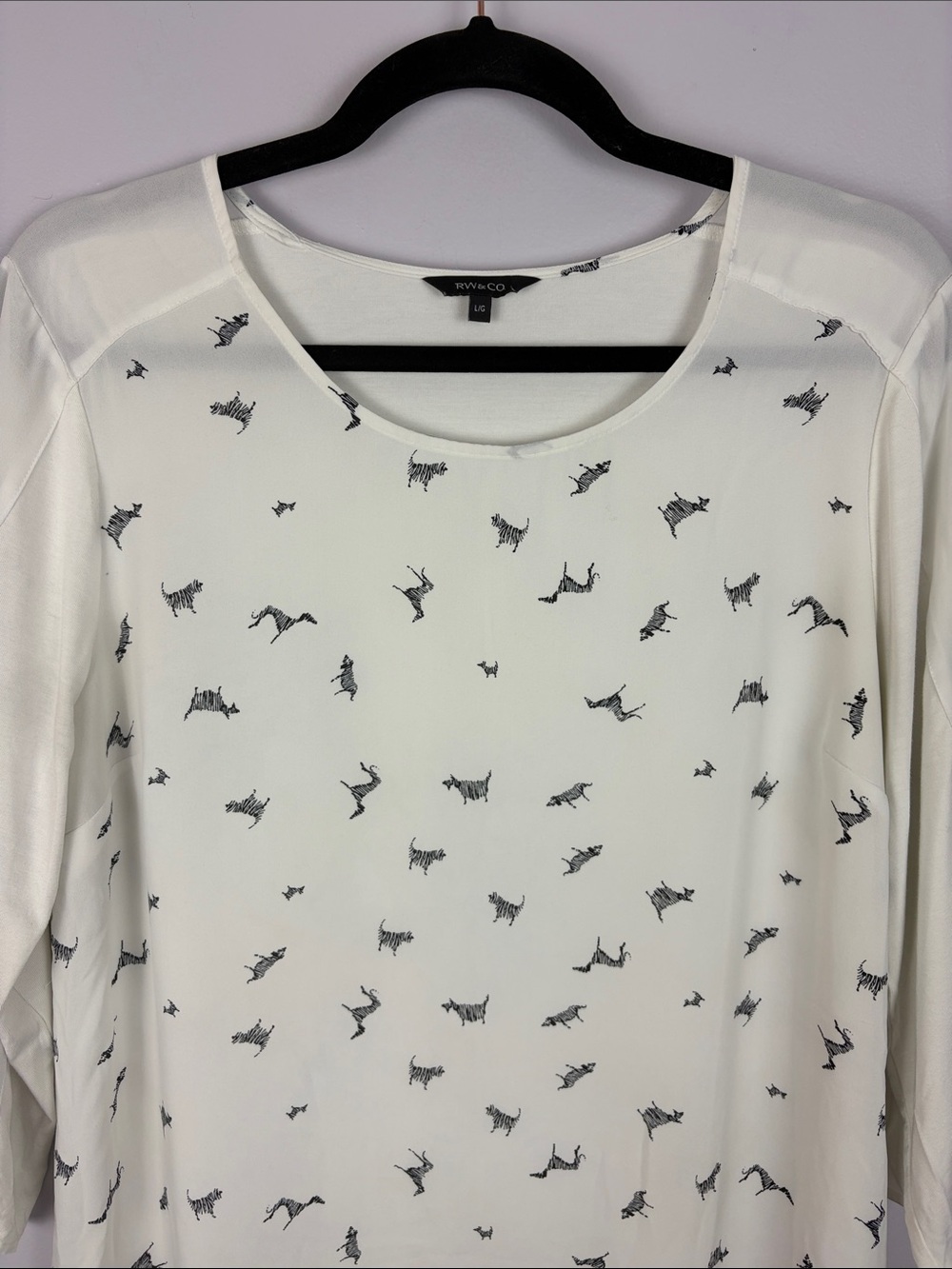 RW&CO Zebra Print Mixed Media Blouse Large Ivory Black 3/4 Sleeve - Picture 3 of 13